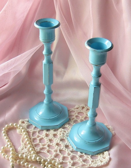 Vintage Shabby Chic Rustic  Robins Egg Blue Candle Stick Holder - Set of Two