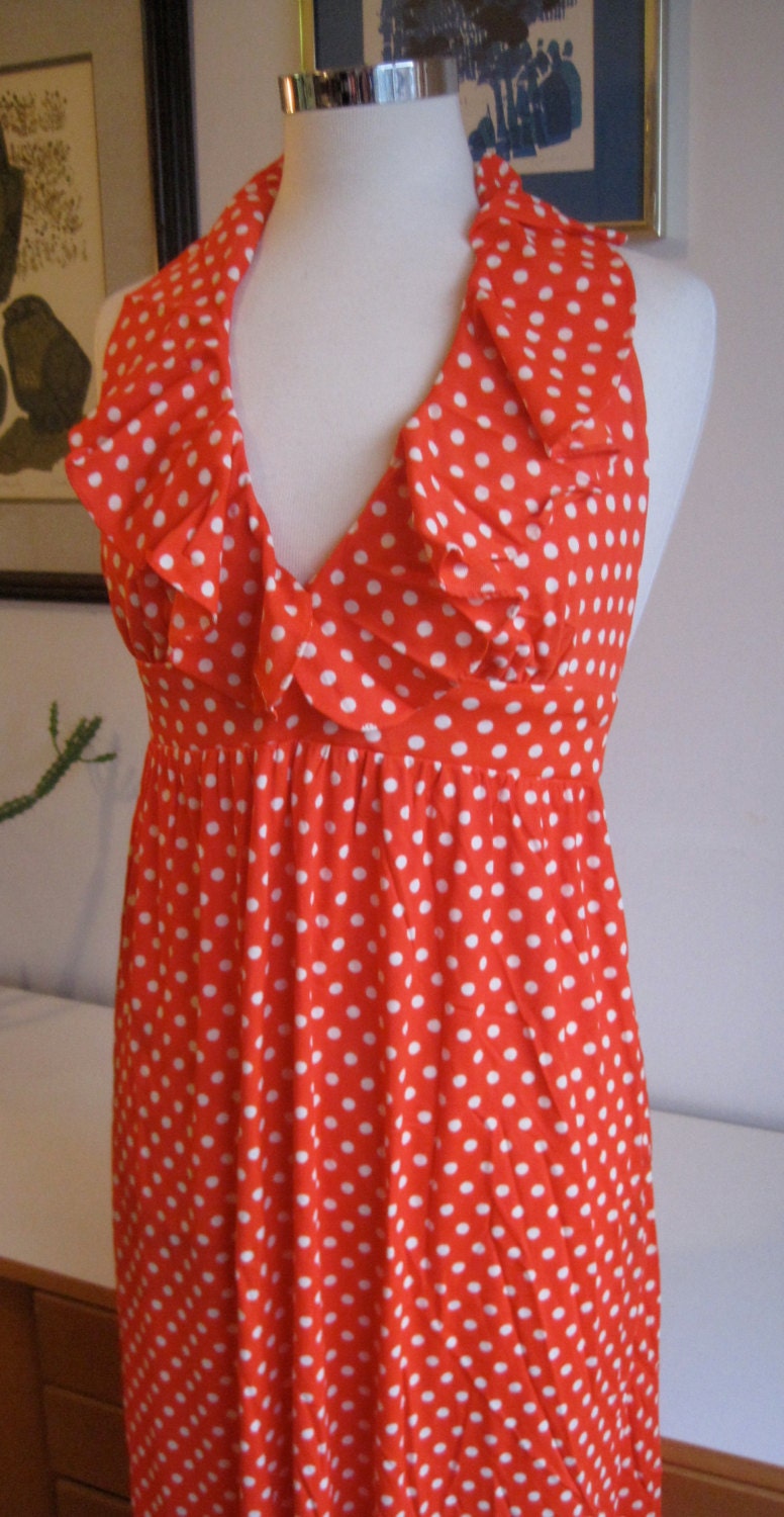 Vintage 70s Mod Red Polka Dot Maxi Halter Dress