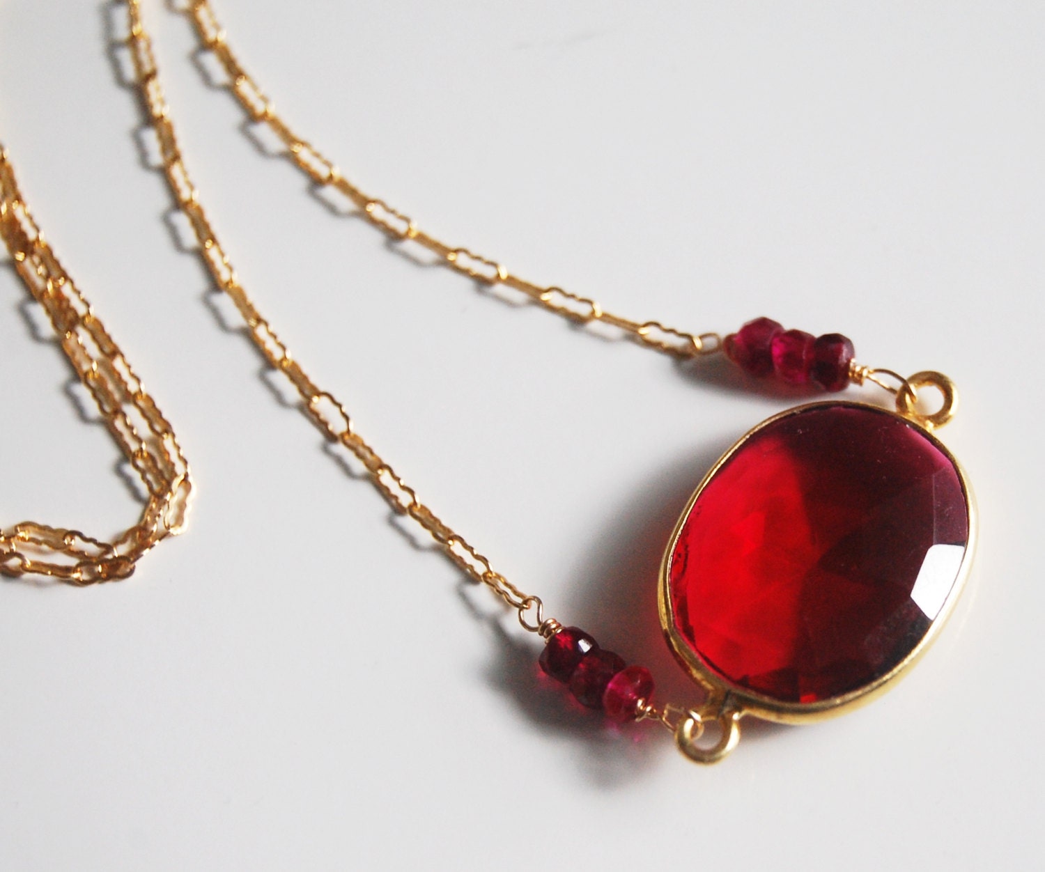 Ruby Red Quartz  Connector Neclace  on gold filled chain. wedding jewelry- Pendant Necklace