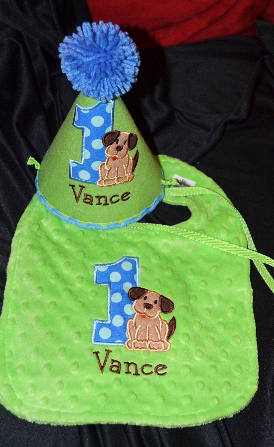 Puppy Dog 1st Birthday Birthday Party Hat and Bib set With Hand made pom pom top or have me custom make a hat to match your party theme
