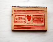 Mixtape Love hand printed art, red ink on reclaimed wood with raw bark edge