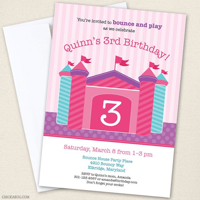 PINK Bounce House party - Set of 15 custom invitations - Printable file also available
