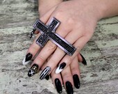 Cross ring, triple finger cross ring, Mother's Day gypsy cowgirl glam jewelry, crystal cross, statement ring, funky,
