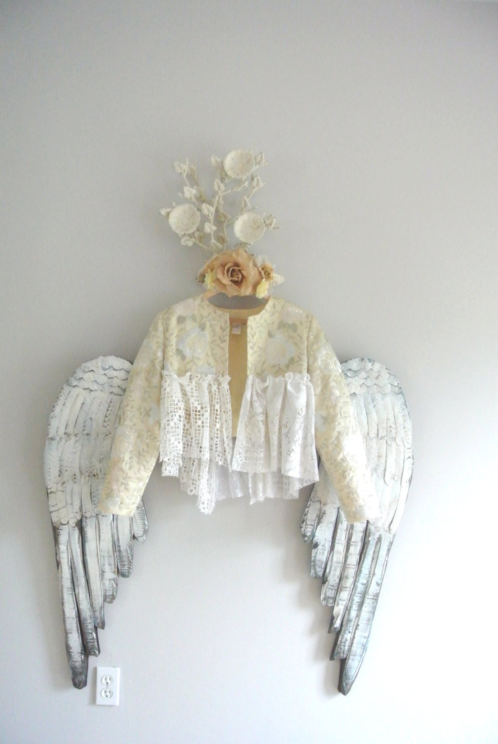 Boho shrug, Romantic rose embroidered crop, crochet lace jacket, shabby ecru silver, beaded, ruffle, Cottage, lagenlook, true rebel clothing