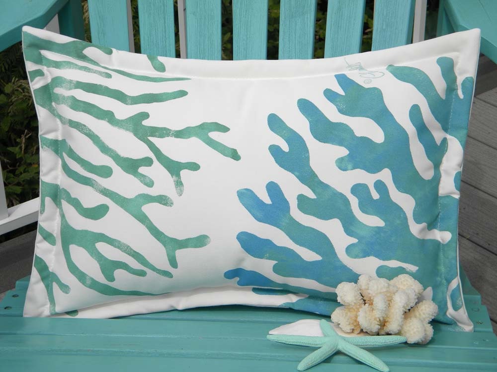 Two corals lumbar pillow 15"x20" painted coastal ocean beach shelling SCUBA marine aquarium tropical Crabby Chris Original