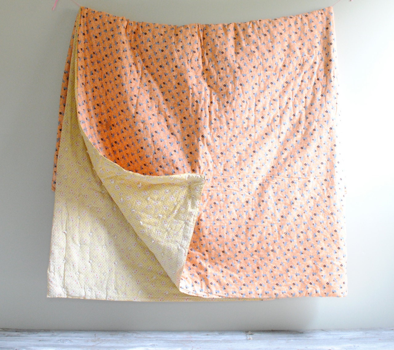 Vintage Handmade Cotton Blanket in Peach and Yellow
