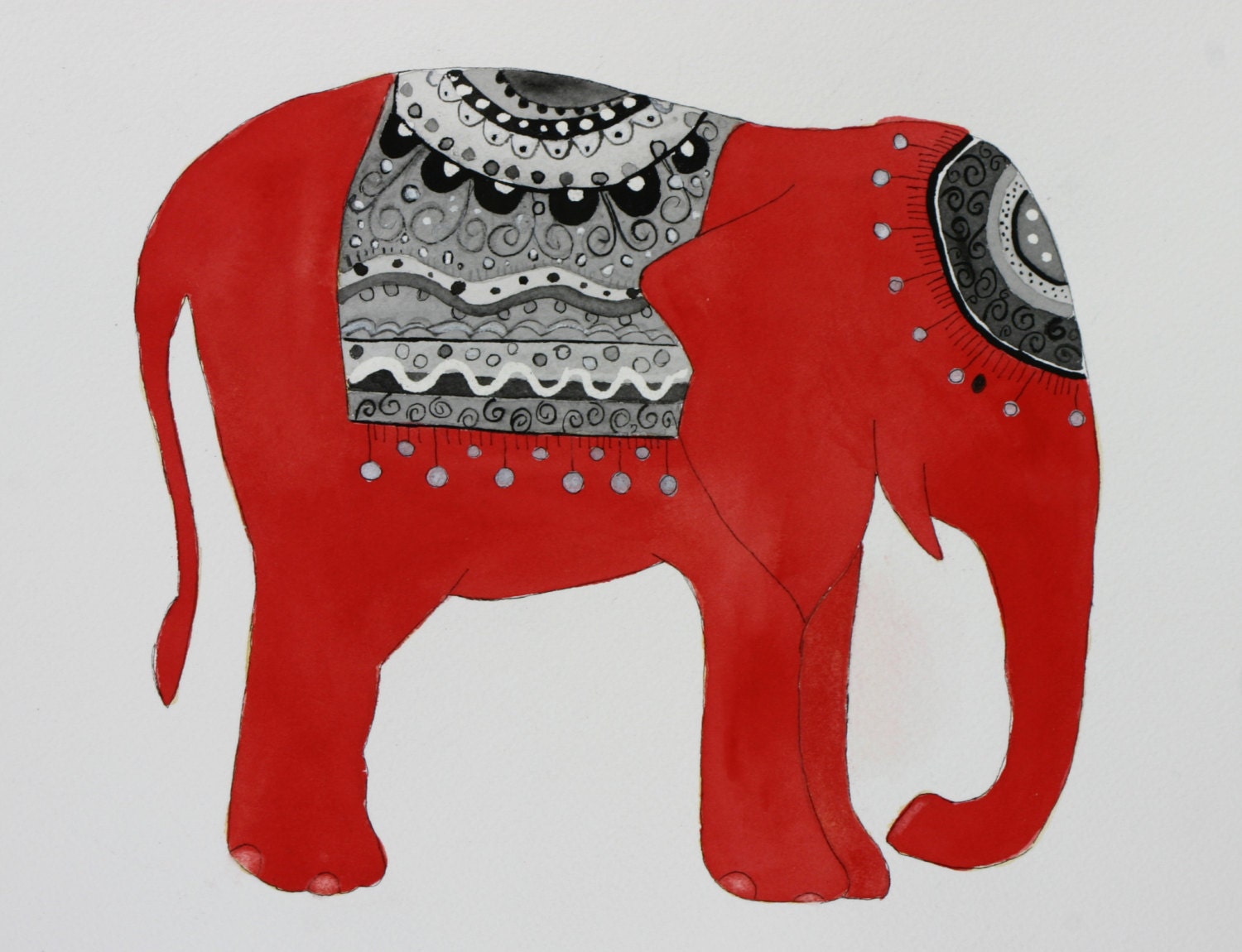 Red Elephant original watercolor, with shades of grey, silver blanket, exotic, Indian, head dress, circus
