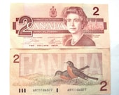 2x Two Dollar Bill Canada 1986 Series Robins
