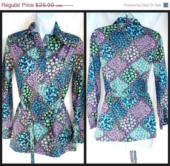 15% OFF Vintage 70s Cos Cob Blues Greens Abstract Print Jersey Blouse Size Sm 34 Bust