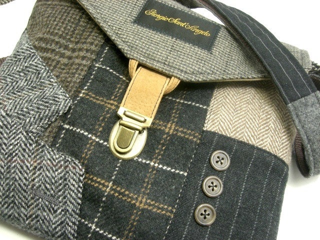 Recycled purse,  Crossbody Purse,  black gray plaid wool, mens suit coat, Eco Friendly