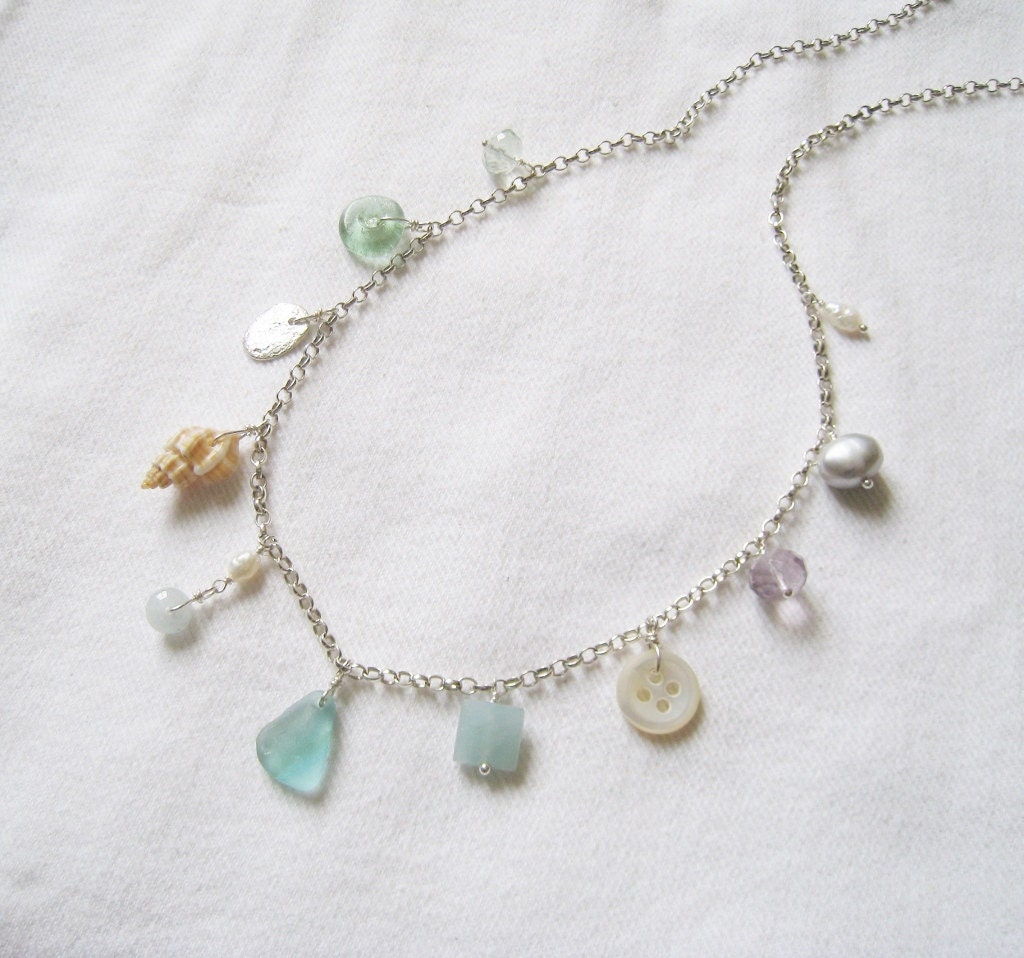 Southwold necklace with fine silver pebble, antique seaglass, aquamarine, vintage pearl, fluorite & shell