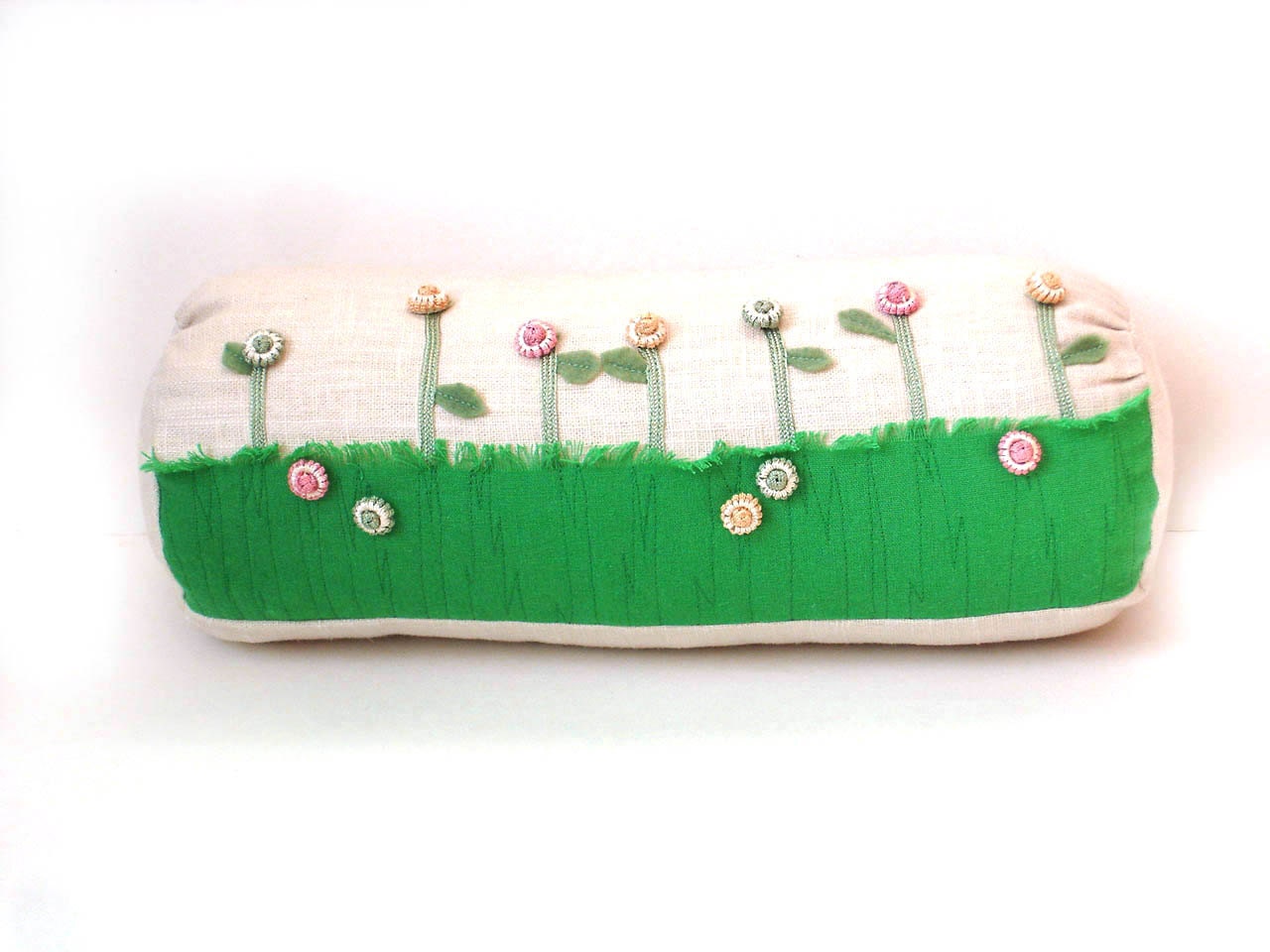 Spring flower pillow appliqued bolster garden home decor, novelty unique floral linen