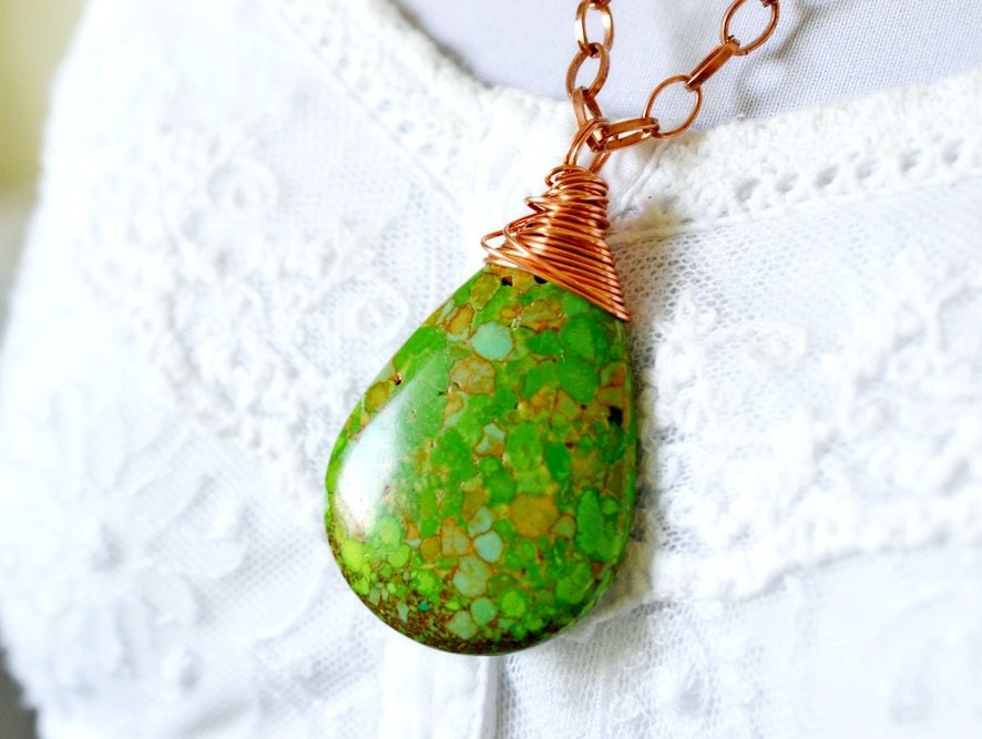 Apple Green Turquoise Necklace on Copper, Large Gemstone Pendant Necklace