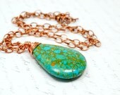 Turquoise Necklace on Copper, Large Gemstone Pendant Necklace, Mosaic Turquoise