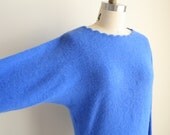 Batwing Fuzzy Sweater in Royal Blue - Angora Lambswool Blend - Dolman Sleeve - Scalloped Neck
