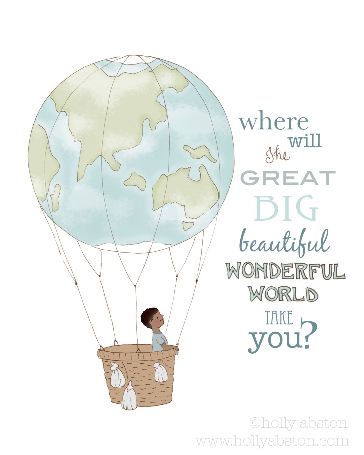 Wonderful World 8 x 10 original art print. Boy in planet earth hot air balloon. Where will the world take you. Black African American