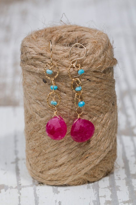 Ruby Briolettes with Turquoise Earrings