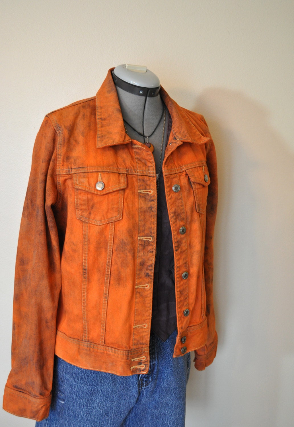 Orange Denim Jean JACKET - Orange Hand Dyed Upcycled Repurposed Old Navy Denim Jacket - Womens Size Juniors Large (40 chest)