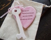 Bridal Bouquet Charm, Key to your heart, Grooms Gift, Brides Gift, Wedding Favor, Porcelain Glazed Heart and Skeleton Key