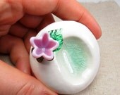 Ceramic wedding ring holder, Pink flower ring dish, pottery bowl, Engagement gift