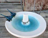 Blue birds ring stand, wedding ring holder, ceramic bluebirds ring dish, anniversary gift
