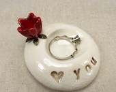 Valentines wedding ring holder, 'Love you' ring dish, red flower pottery bowl