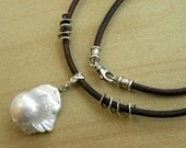 Natural White Baroque Nuclear Pearl Sterling Silver Leather Necklace Modern Unique Urban