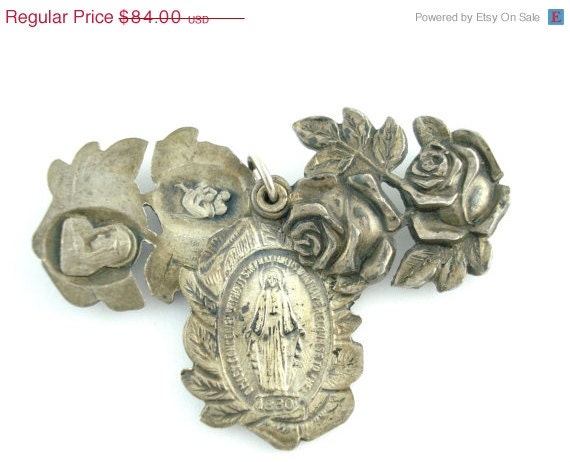 On Sale 25% Off Vintage Sterling Silver Rose Shaped Miraculous Medal Locket - 5 Way Saint Catholic Charm RR34