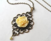 Lemon Yellow Rose Necklace with Faux Pearl Drop, Flower Necklace, Victorian Necklace, Yellow Necklace