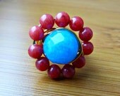 Salmon and Aqua Gemstone Wire Wrapped Ring - 24K Gold Plated Wire