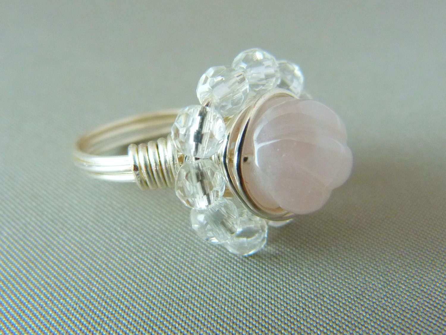 Lovely Flower Quartz Wire Wrapped Ring - Silver Plated Wire