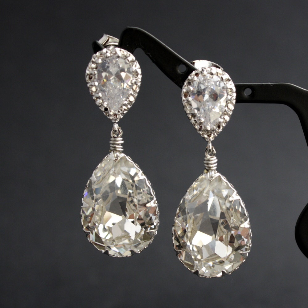 Wedding Earrings Bridal Earrings with Clear Swarovski Teardrop on Cubic Zirconia Silver Posts Bridesmaid Earrings
