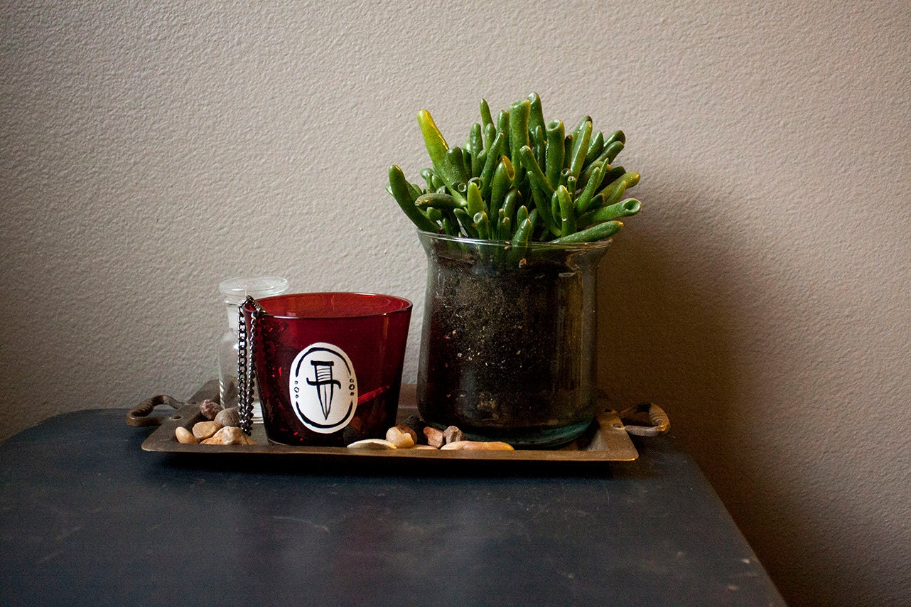 SALE - Red Stabbing Thing - hand painted upcycled glass cup