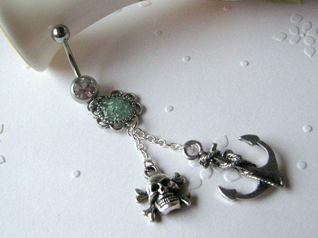 Choose Your Color, Skull and Anchor Belly Button Ring, Belly Button Jewelry, Crossbone Belly Ring, Dangle Belly Ring