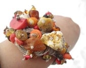 Wearable Art Jewelry Raw Baltic Amber Red Coral Bracelet Cuff Macrame Avant Garde Linen Statement OOAK Fiber Art