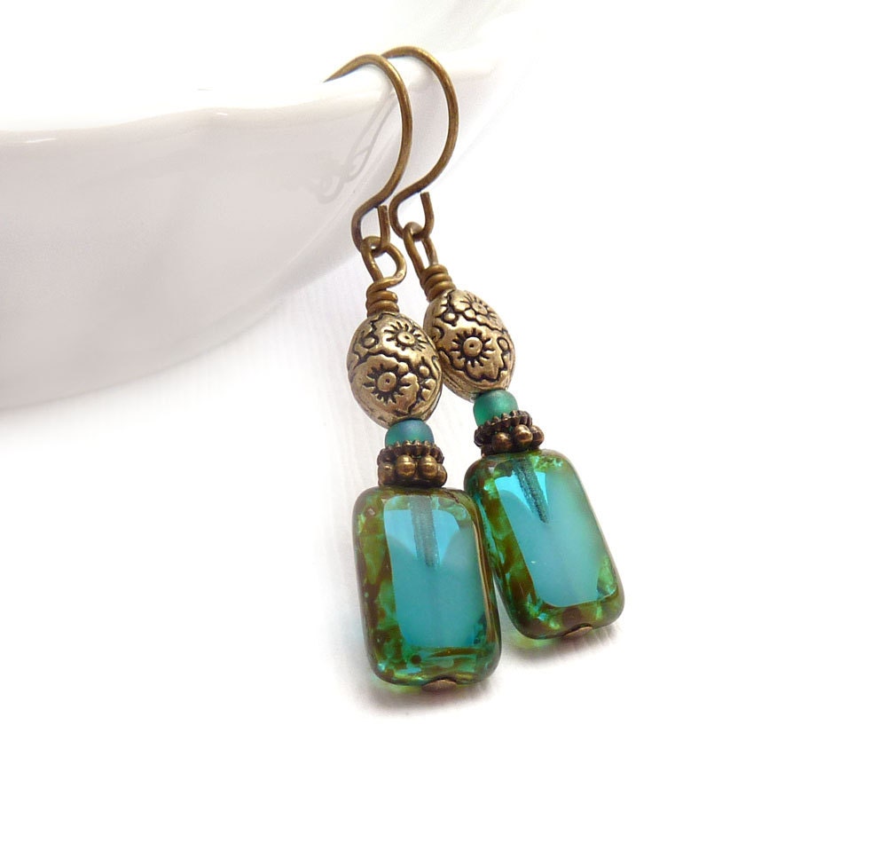 Teal Beaded Earrings, Blue Drop Earrings Picasso Rectangle Glass, Yoga Earrings, Antiqued Gold Beads, Boho Style Earrings