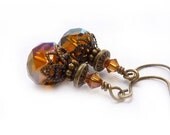 Amber Brown Drop Earrings, Wire Wrapped, Vintage Inspired, Earthy Earrings, Crystal Dangles