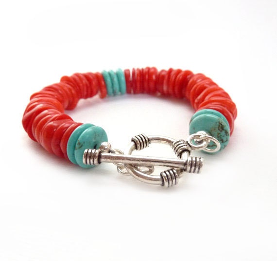 Coral & Turquoise Bracelet: Southwestern Style, Handmade Beaded Bracelet, Red, Orange, Silver, Colorful Boho Jewelry