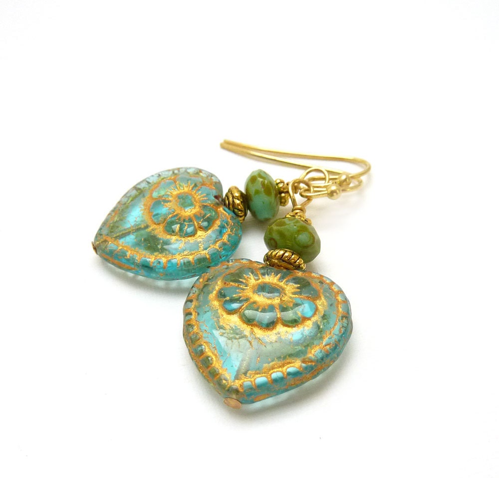 Aqua Drop Earrings,  Victorian Czech Glass Heart, Romantic Dangle Earrings, Carved Gold Inlay