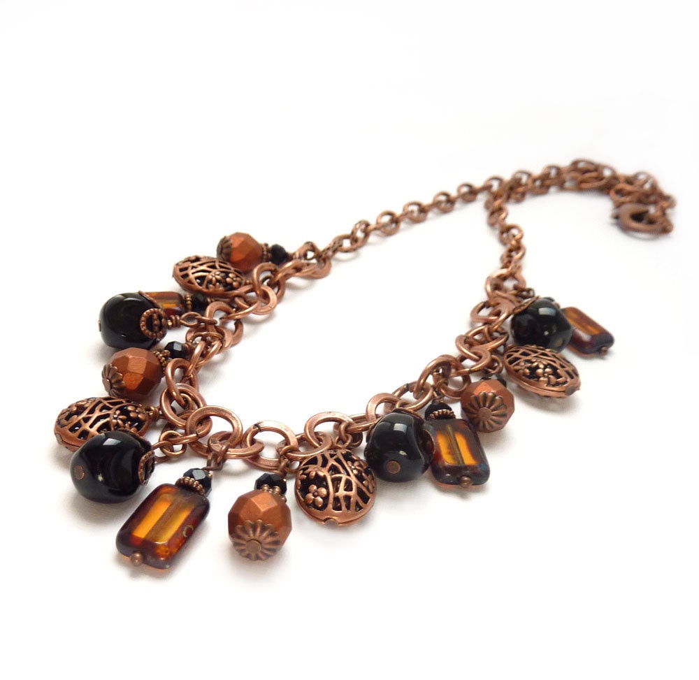 Copper Drop Necklace, Wirewrapped Clusters, Black Obsidian Stones, Picasso Glass, Metal Statement Necklace, Boho Chic