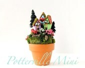 Potterville Mini Fairy Village  -  Miniature Spring Pastel Fairy Houses in a Tiny Terracotta Pot with Flowers and Forest Trees