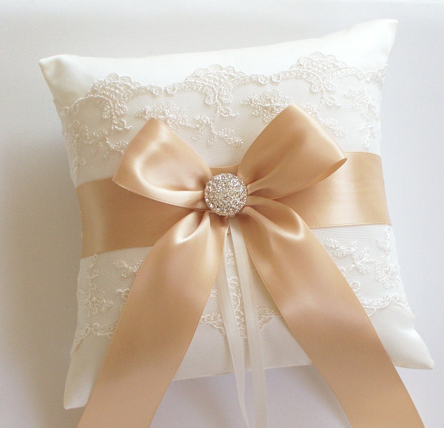 Wedding Ring Pillow, Gold Ribbon Pillow, with Net Lace, Rhinestone Centered Satin Bow - The TIFFANY Pillow