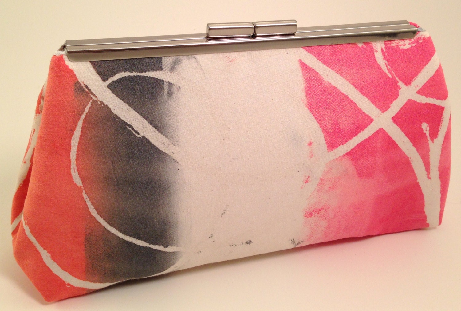Ombre, Handprinted Clutch Handbag - Orange, Black, White Pearl and Orange