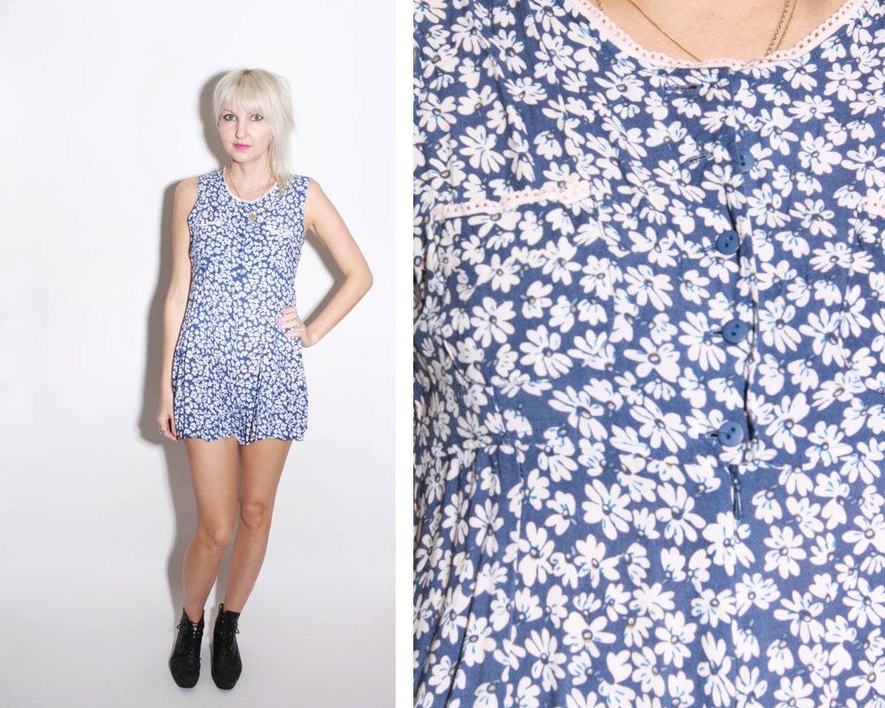 90s Floral Romper Dress Blue XS