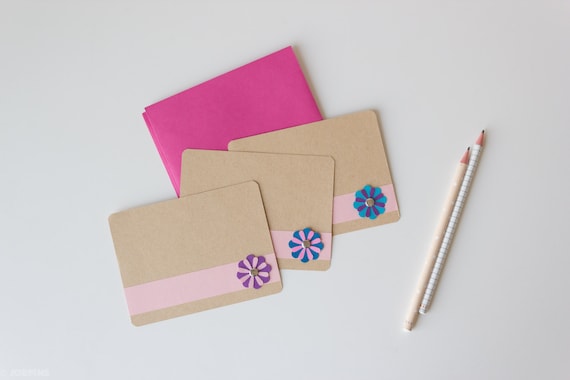 Crazy Daisy note card - Pink purple blue - Set of 3
