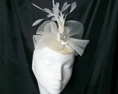 Ivory Off White Vintage Style Crinoline Bow Feather Plume & Pearl Rhinestone Bridal Wedding Fascinator Mini Hat - Custom Made to Order