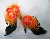 Bright Tangerine Tango Orange Feather and Orchid Flower with Crystal Bead Glamorous Shoe Clips Wedding Prom Races