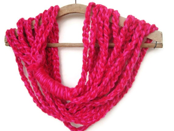 Crochet infinity scarf,two tones red and pink crocheted Yarn Infinity Scarf