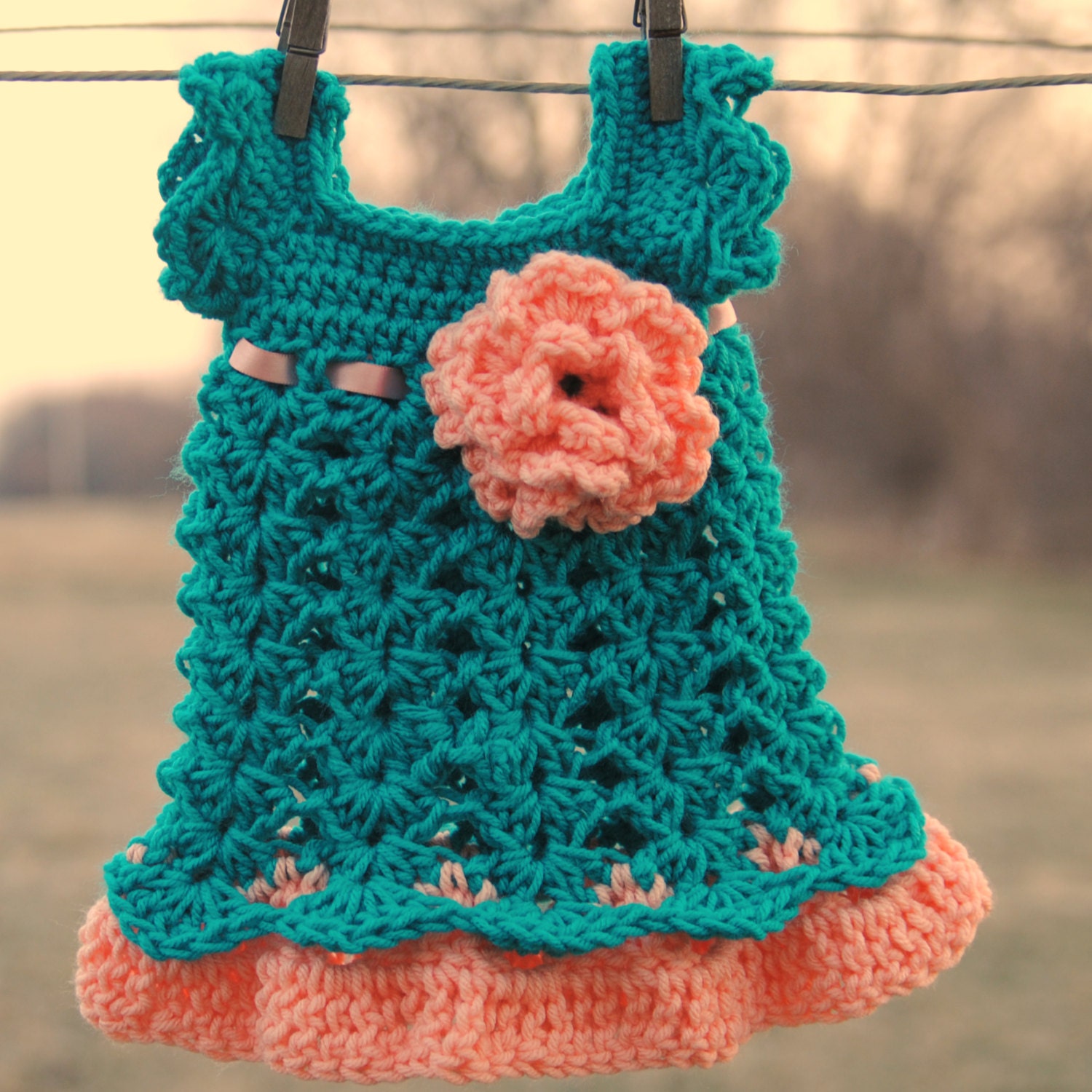 Dark Teal and Peach Newborn Dress Infant Outfit Baby Girl Large Flower Headband Take home Shower gift Photo prop Easter Christening Baptism