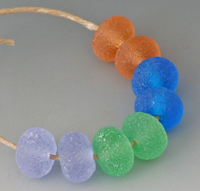 Rustic Gems - (8) Handmade Lampwork Beads - Tumble Etched - Turquoise, Peach, Green
